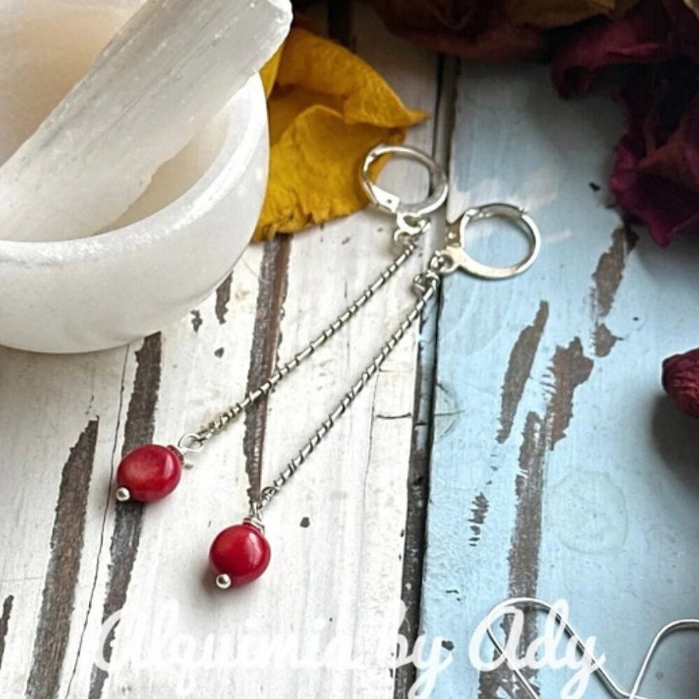 Coral Red Chain Earrings — Silver Hoop Accent